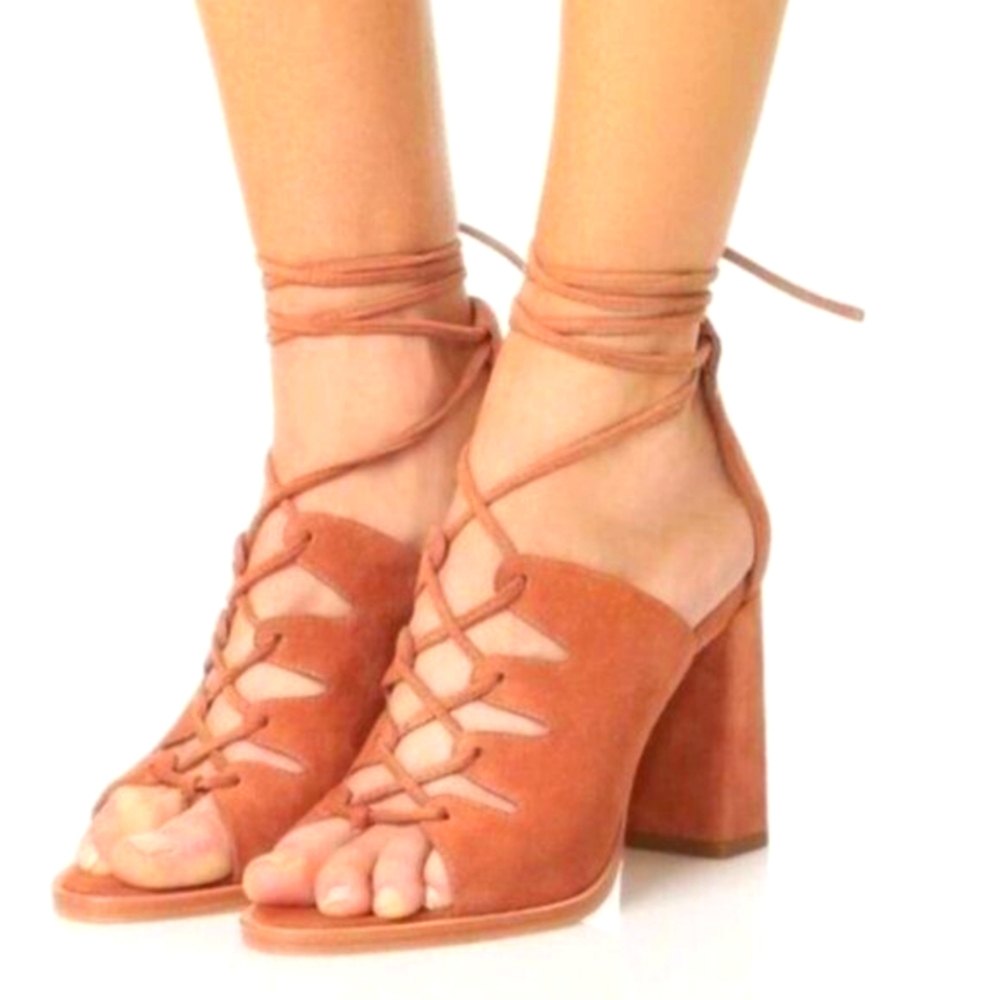 Loeffer Randall sz 10 Helene Lace-up Suede leather Block Heel Sandals Bronze Tan